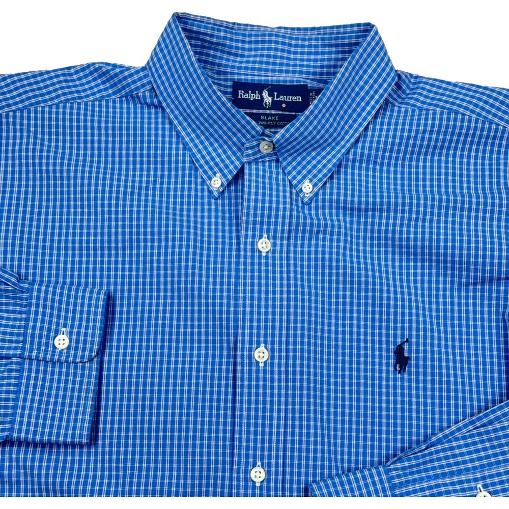 Ralph Lauren Shirt Men XL Blue Button Up Blake Two Ply Cotton Poplin Dress STAIN